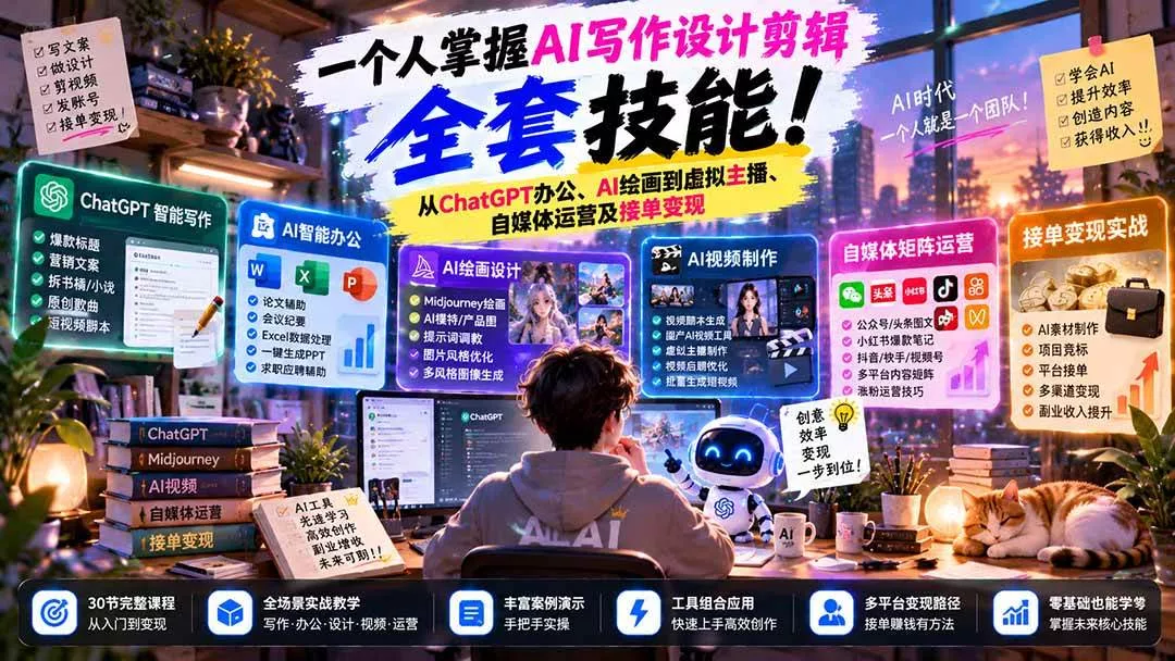 （21029期）一个人掌握AI写作设计剪辑全套技能：从ChatGPT办公、AI绘画到虚拟主播、自媒体运营及接单变现-奇点库