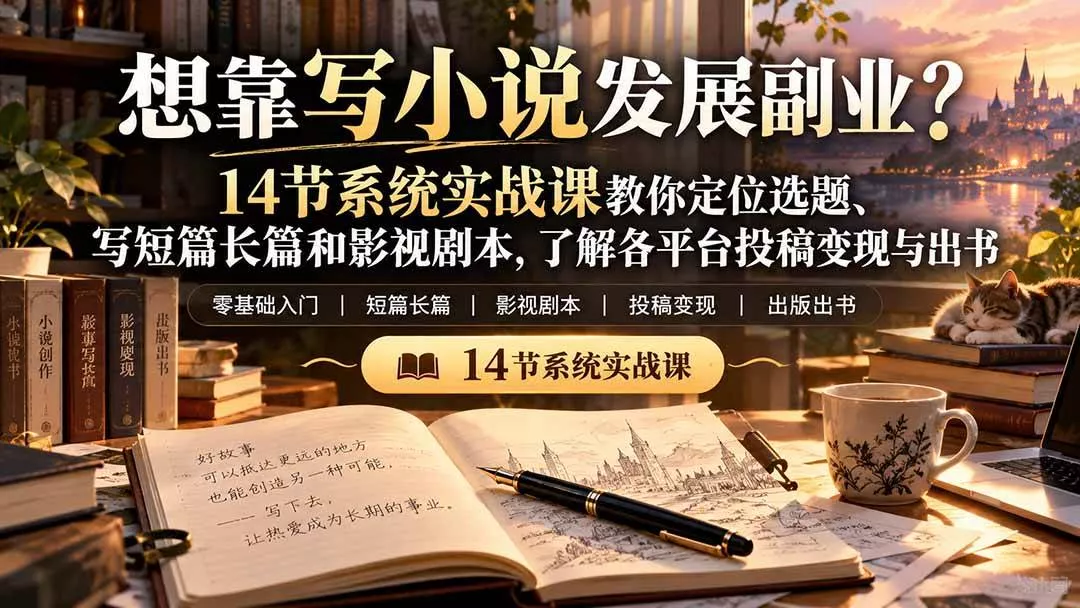 （21031期）【无水印】想靠写小说发展副业？14节系统实战课教你定位选题、写短篇长篇和影视剧本，了解各平台投稿变现与出书-奇点库