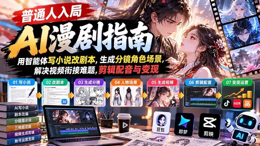 （21033期）【无水印】普通人入局AI漫剧指南：用智能体写小说改剧本，生成分镜角色场景，解决视频衔接难题，剪辑配音与变现-奇点库