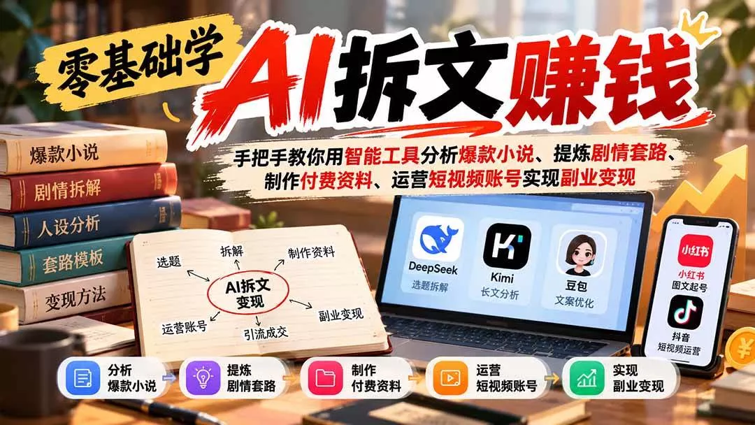 （21030期）零基础学AI拆文赚钱：手把手教你用智能工具分析爆款小说、提炼剧情套路、制作付费资料、运营短视频账号实现副业变现-奇点库