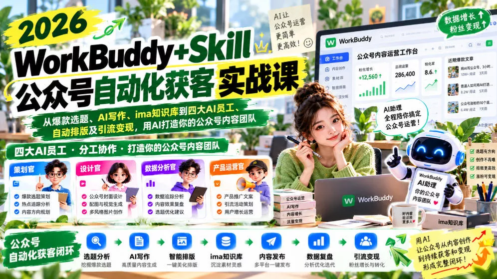 2026WorkBuddy+Skill公众号自动化获客实战课，从爆款选题、AI写作、ima知识库到四大AI员工、自动排版及引流变现，用AI打造你的公众号内容团队-奇点库