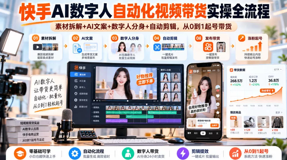 快手AI数字人自动化视频带货实操全流程｜素材拆解+AI文案+数字人分身+自动剪辑，从0到1起号带货（更新26年）-奇点库