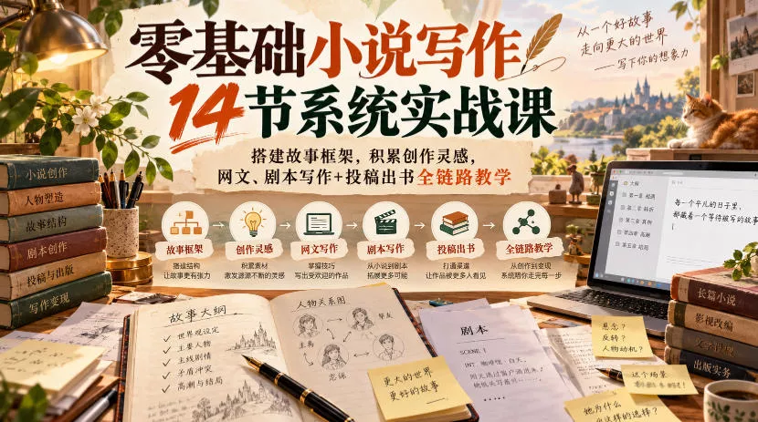 零基础小说写作14节系统实战课，搭建故事框架，积累创作灵感，网文、剧本写作+投稿出书全链路教学-奇点库