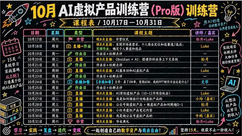 （21054期）2026AI虚拟产品10月训练营（Pro版）：15天学会选品定位、AI制作数字资料、小红书引流与公众号变现，打造一人公司