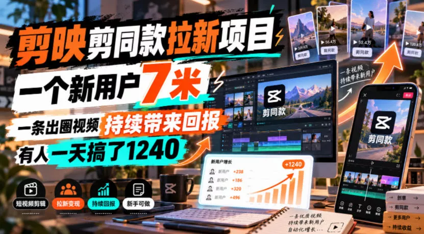 剪映剪同款拉新项目，一个新用户7米，一条出圈视频持续带来回报，有人一天搞了1240-奇点库