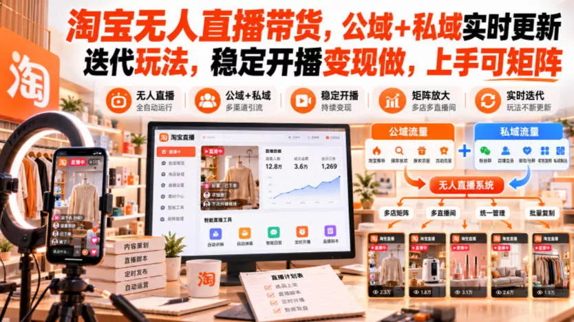 淘宝无人直播带货，公域+私域实时更新迭代玩法，稳定开播变现做，上手可矩阵【揭秘】-奇点库