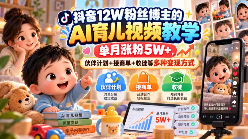抖音12W粉丝博主的AI育儿视频教学，单月涨粉5W+，伙伴计划+接商单+收徒等多种变现方式-奇点库