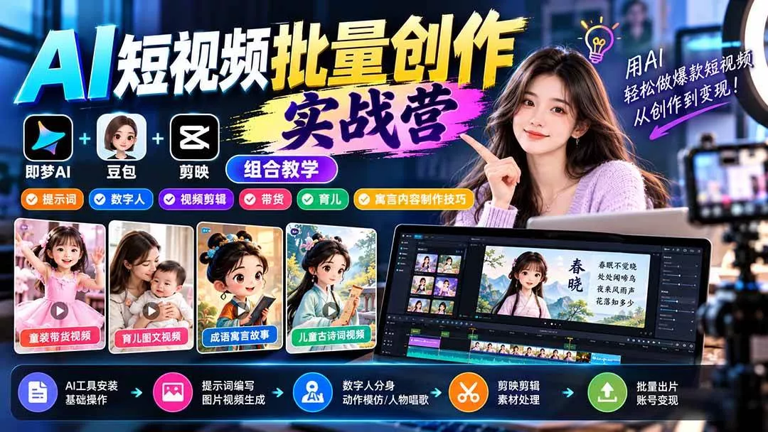 （21039期）【无水印】AI短视频批量创作实战营：即梦+豆包+剪映组合教学，提示词/数字人/视频剪辑/带货/育儿/寓言内容制作技巧-奇点库
