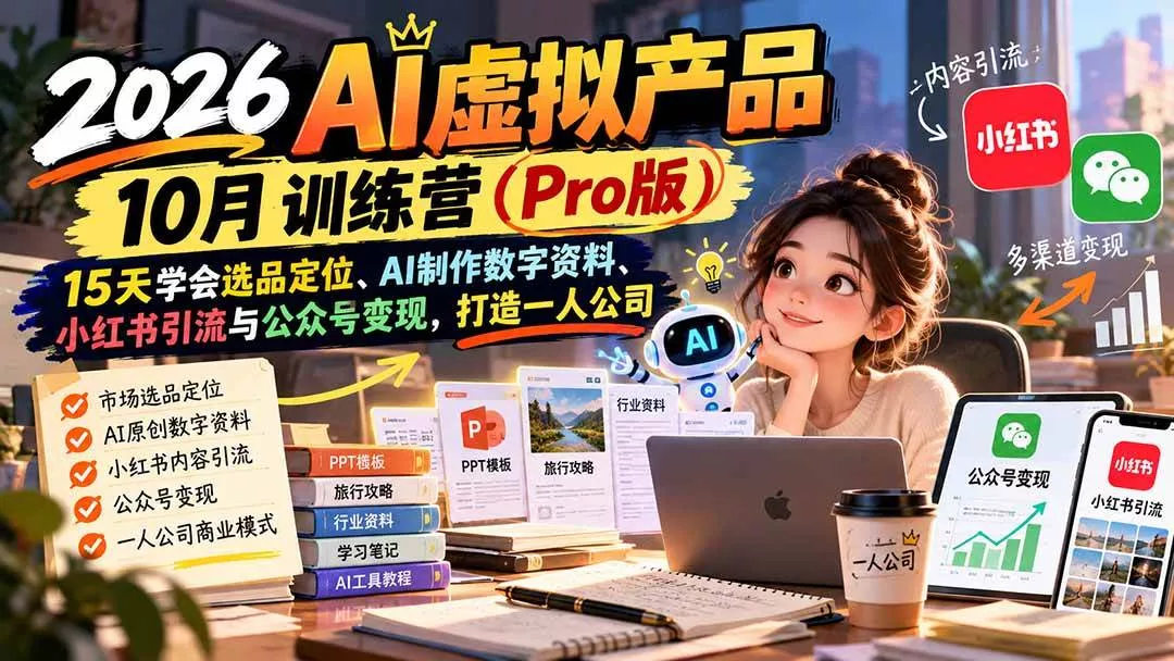 （21054期）2026AI虚拟产品10月训练营（Pro版）：15天学会选品定位、AI制作数字资料、小红书引流与公众号变现，打造一人公司-奇点库
