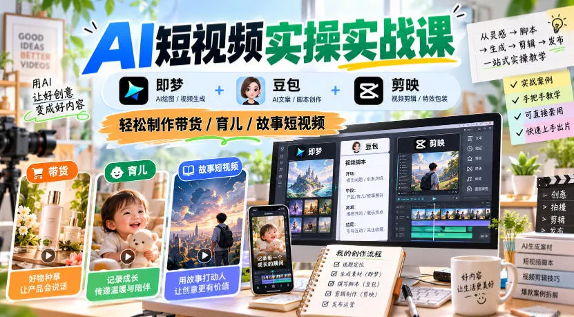AI短视频实操实战课，即梦+豆包+剪映，轻松制作带货/育儿/故事短视频-奇点库
