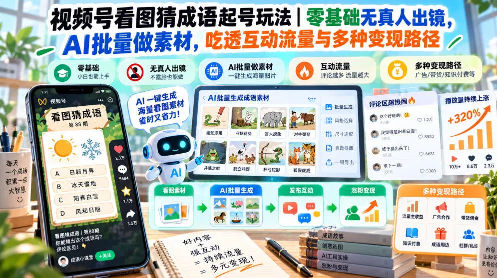 视频号看图猜成语起号玩法｜零基础无真人出镜，AI批量做素材，吃透互动流量与多种变现路径-奇点库