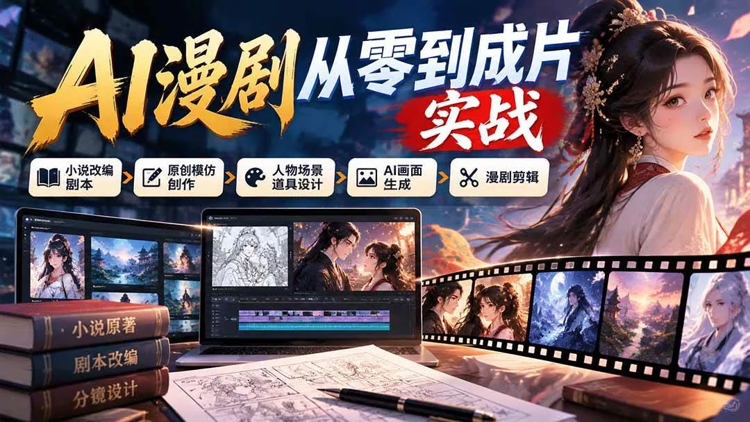 （21069期）AI漫剧从零到成片实战：小说改编剧本、原创模仿创作、人物场景道具设计、AI画面生成与漫剧剪辑