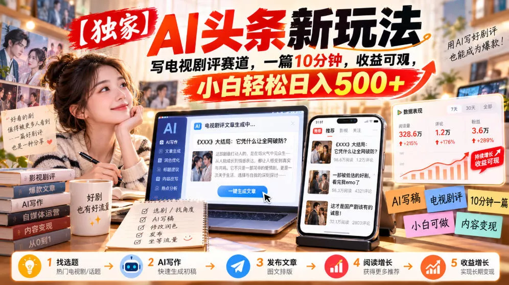 【独家】AI头条新玩法，写电视剧评赛道，一篇10分钟，收益可观，小白轻松日入500+-奇点库