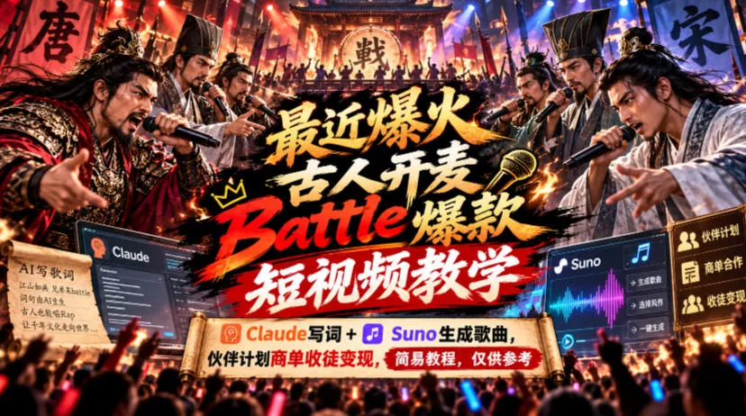 最近爆火古人开麦Battle爆款短视频教学，Claude写词+Suno生成歌曲，伙伴计划商单收徒变现，简易教程，仅供参考-奇点库