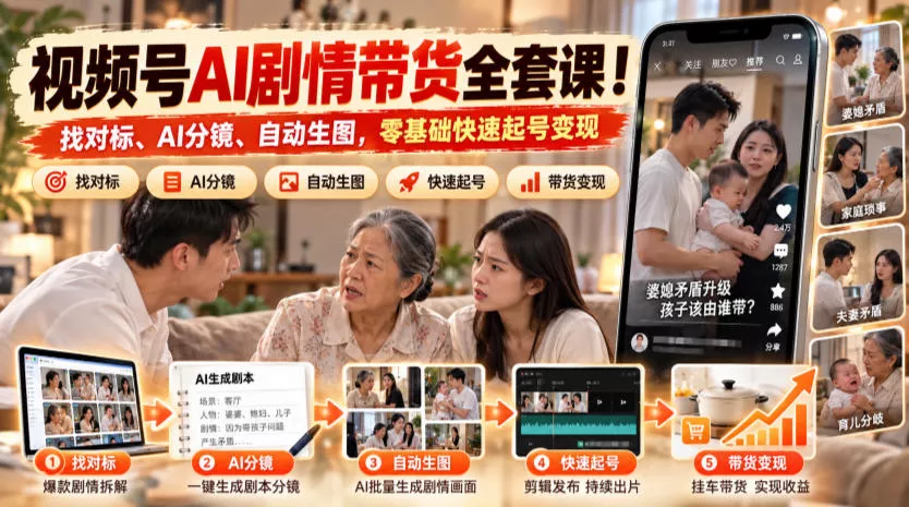 视频号AI剧情带货全套课！找对标、AI分镜、自动生图，零基础快速起号变现-奇点库