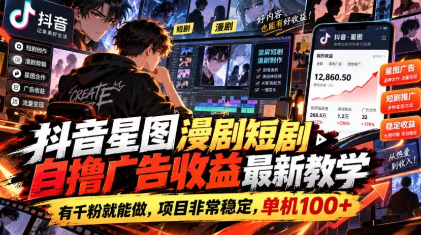 抖音星图漫剧短剧自撸广告收益最新教学，有千粉就能做，项目非常稳定，单机100+-奇点库