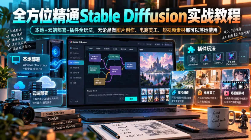 全方位精通Stable Diffusion实战教程｜本地+云端部署+插件全玩法，无论是做图片创作、电商美工、短视频素材都可以落地使用-奇点库